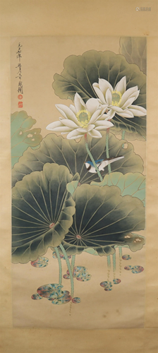 A Gorgeous Lotus Flower& Bird Scroll Painting By Yu Feia...