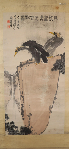 A Fine Two Eagles Scroll Painting By Pan Tianshou Made