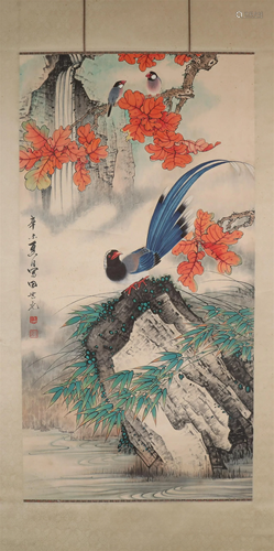 A Wonderful Flower& Bird Scroll Painting By Tian Shiguan...