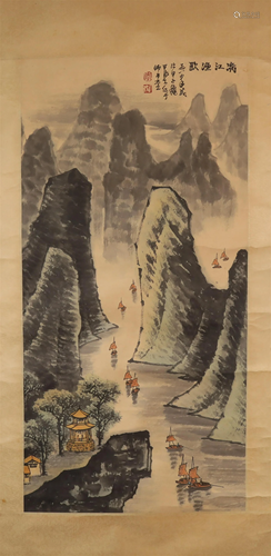 A Lovely li-River Landscape Scroll Painting By Li Keran Made