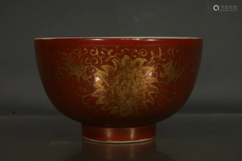 A Delicate Red-Ground Golden Blue And White Flower Bowl