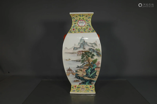 A Wonderful Famille-Rose Landscape Attic Zun-Form Vase