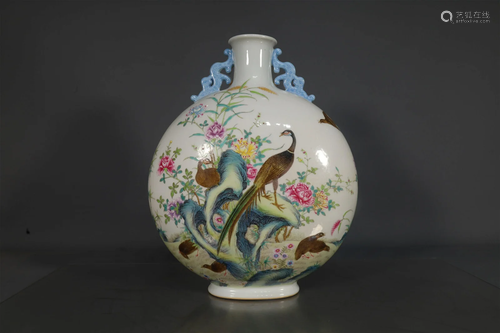 A Gorgeous Famille Rose Peacock Flat Vase