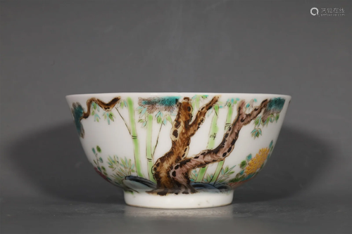 A Lovely Famille-Rose Pine Stone Bamboo Bowl