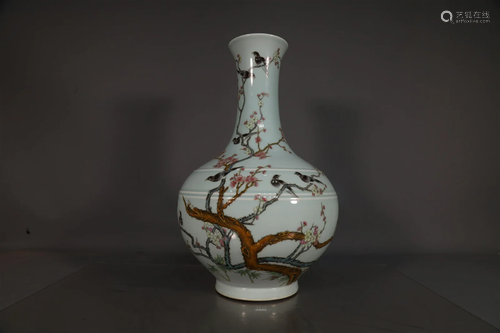 A Lovely Famille Rose Magpie Plum Blossom Gall Vase