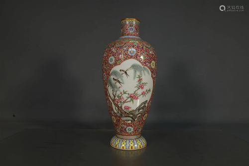 A Delicate Famille Rose Magpies& Plum Blossom Vase