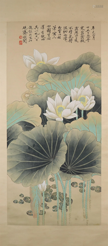 A Wonderful Lotus Scroll Painting By Yu Feian Made