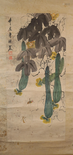 A Lovely Fruit Vegetable& Insect Scroll Painting By Qi H...