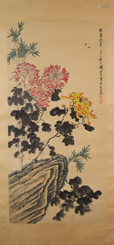 A Fabulous Bamboo& Chrysanthemum Scroll Painting By Qian...