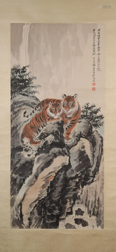 A Fine Two Tigers Scroll Painting By Zhang Shanzi Made