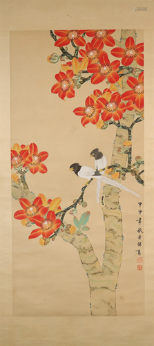 A Lovely Flower& Bird Scroll Painting By Yu Jigao Made