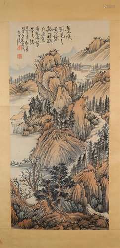 A Delicate Landscape Scroll Painting By He Tianjian Made