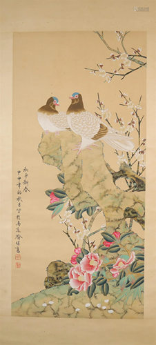 A Delicate Flower& Bird Scroll Painting By Yu Jigao Made