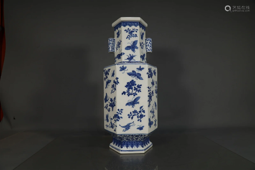 A Blue And White Hexagonal Vase