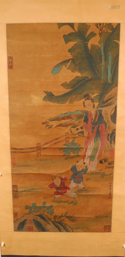 A Fine Character Silk Scroll Painting By Qiu Ying Dynasty