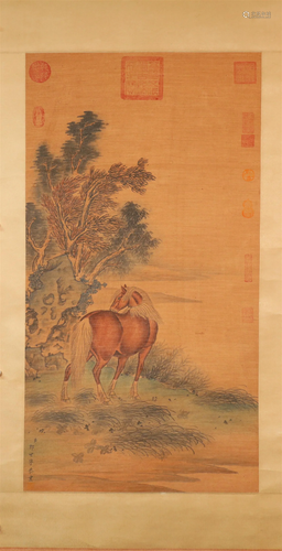 A Delicate Horse Silk Scroll Painting By Lang Shining Made