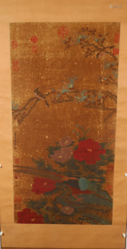 A Lovely Flower& Bird Silk Scroll Painting By Huang Juca...