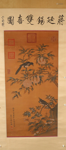 A Fine Flower& Bird Silk Scroll Painting By Jiang Tingxi...