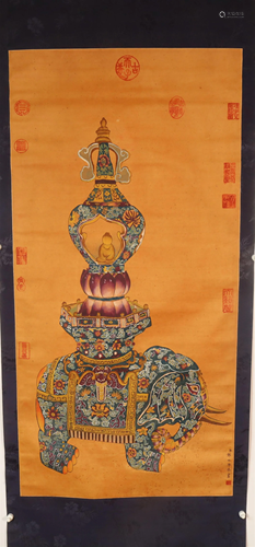 A Wonderful Elephant Silk Scroll Painting By Lang Shining Ma...