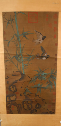 A Fine Double-Magpie Silk Scroll Painting By CuiBai Made