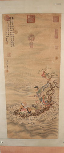 A Lovely Two-Immortal Silk Scroll Painting By Tang Yin Made