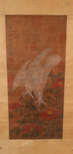 A Fine White-Eagle Silk Scroll Painting By Yi Wu Made