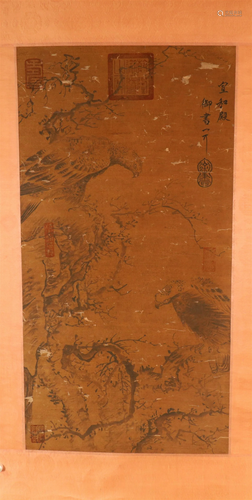 A Lovely Double-Eagle Silk Scroll Painting By Yi Wu Made