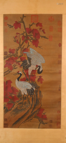 A Double-Crane Silk Scroll Painting By Wang Mian Made