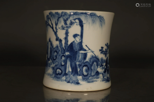 A Delicate Blue And White Figure Brush Pot