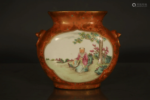 A Lovely Red-ground Famille-rose Figure Wall-Vase