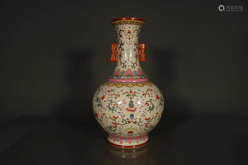 A Lovely Famille Rose Flower Double-ear Vase