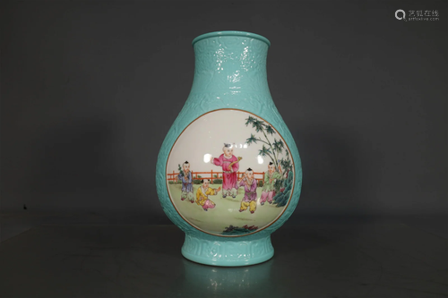 A Lovely Green-Ground Window-Shaped Famille-Rose Children Pl...