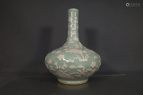 A Fine Bean-Green Glazed Carved Flower Vase