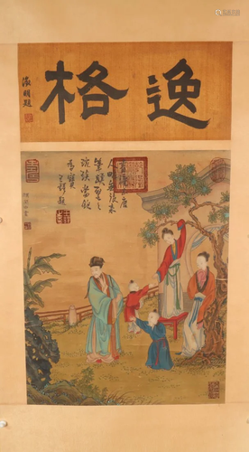 A Gorgeous Character& Story Silk Scroll Painting By Gu H...