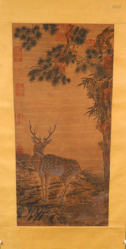 A Delicate Double-Deer Silk Scroll Painting By Lang Shining ...