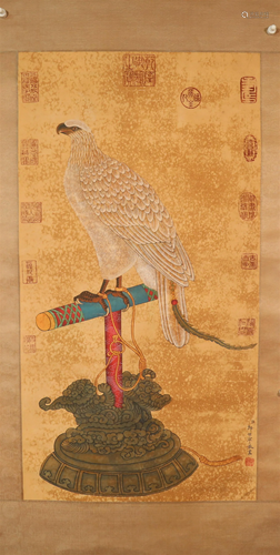 A Wonderful Egret Silk Scroll Painting By Lang Shining Made