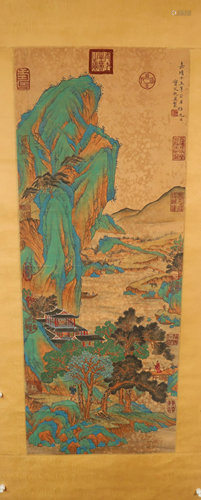 A Fine Verdant Mountains& Clear Water Silk Scroll Painti...