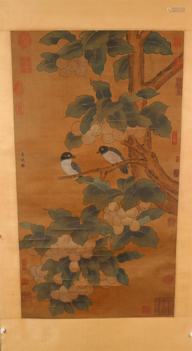 A Wonderful Flower& Bird Silk Scroll Painting By Li Di M...