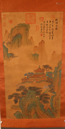 A Fine Verdant Mountains& Clear Water Silk Scroll Painti...