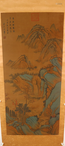 A Fine Verdant Mountain& Clear Water Silk Scroll Paintin...