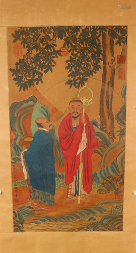 A Gorgeous Character Silk Scroll Painting By Ding Guanpeng M...