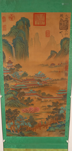 A Delicate Verdant Mountain& Clear Water Silk Scroll Pai...