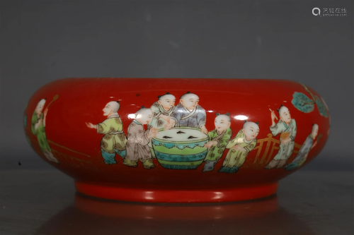 A Gorgeous Red-Ground Children Brush Pot