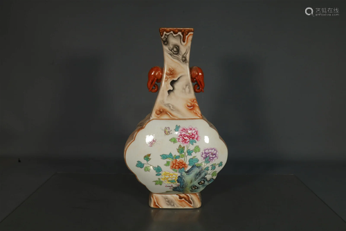 A Lovely Famille Rose Flower Elephant-ear Vase