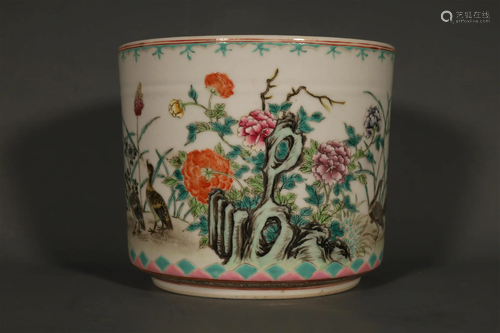 A Fine Famille-Rose Flower& Bird Brush Pot