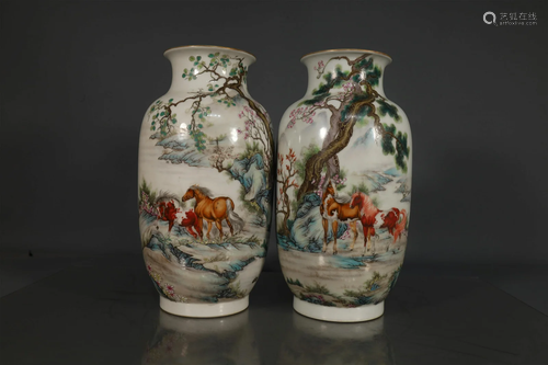 A Fabulous Pair of Famille Rose Horse Vases