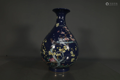 A Lovely Blue-ground Flower& Bird Vase