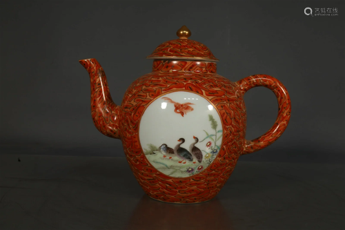 A Delicate Red-Ground Flower& Bird Kettle