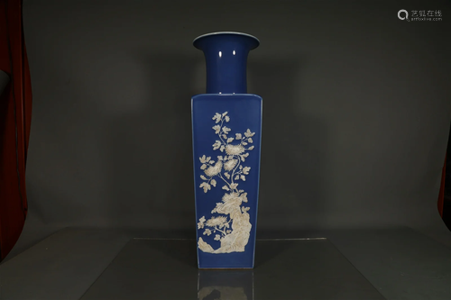 A Fine Sky-Blue Glazed Flower& Bird Square Vase