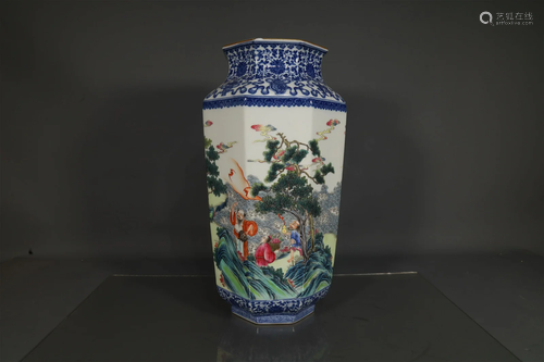 A Blue And White Famille-Rose Character Vase